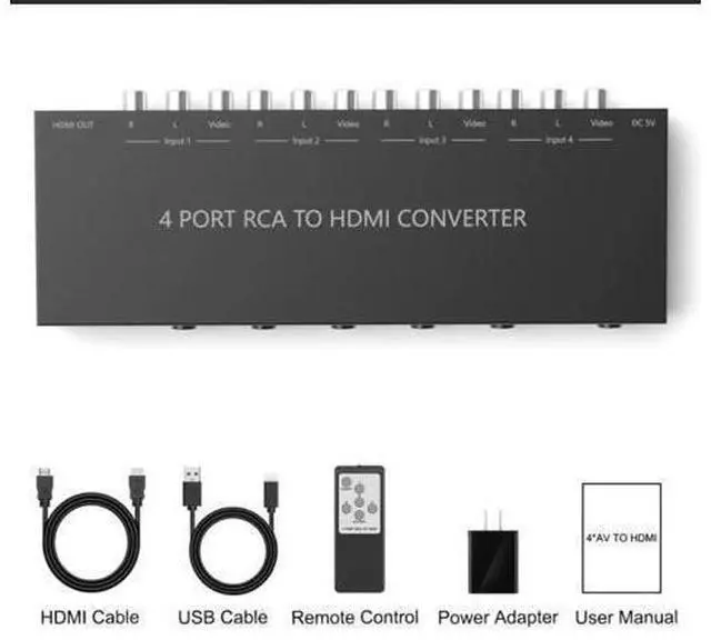 Alt view image 4 of 6 - 4 Port RCA to HDMI Converter 1080P/720P RCA Composite CVBS AV Switch to HDMI Converter Adapter Support 4:3/16:9 Switch, for Sega Xbox PS1 PS2 PS3 N64 NGC SNES WII VHS VCR Camera DVD(With Remote