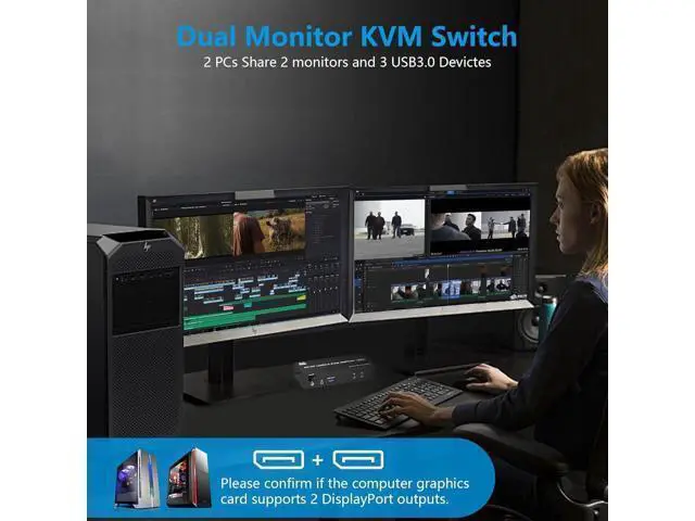 Alt view image 3 of 7 - Displayport KVM Switch Dual Monitor 8K@60Hz/4K@144Hz, DP 1.4 USB 3.0 KVM Switcher for 2 Computers Share 2 Monitors and 3 USB Devices with Audio Microphone, Support Extended & Mirror Mode