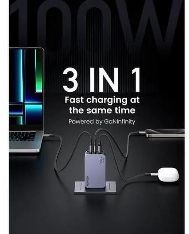 Alt view image 5 of 6 - UGREEN Nexode Pro 100W GaN USB C Wall Charger, 3-Port Compact Fast PPS Charger for MacBook Pro/Air, Pixelbook, iPad, iPhone 17/16/15 Series, Galaxy S25/S24, Pixel 10/9, Steam Deck