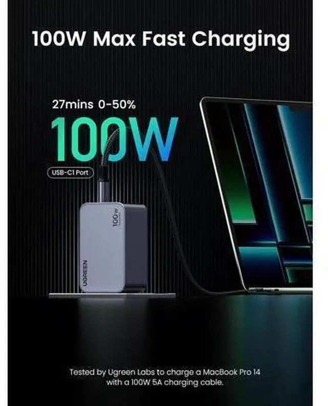 Alt view image 2 of 6 - UGREEN Nexode Pro 100W GaN USB C Wall Charger, 3-Port Compact Fast PPS Charger for MacBook Pro/Air, Pixelbook, iPad, iPhone 17/16/15 Series, Galaxy S25/S24, Pixel 10/9, Steam Deck