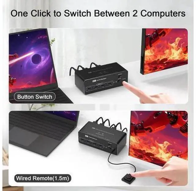 Alt view image 4 of 7 - Dual Monitor DisplayPort KVM Switch 2 Monitors 2 Computers 8K@60Hz 4K@144Hz, DP KVM Switches for 2 PCs Share 2 Monitors, 4 USB 3.0 Ports, Supports Extended/Copy Mode with Remote & USB Cables
