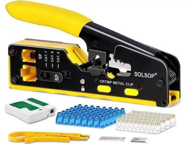 Main image of Pass Through RJ45 Crimp Tool Kit All-in-One Ethernet Crimper Cat7 Cat6 Cat5 Crimping Tool with Network Cable Tester, 50-Pack Cat6 RJ45 Pass Through Connector, 50-Pack Connector Boots