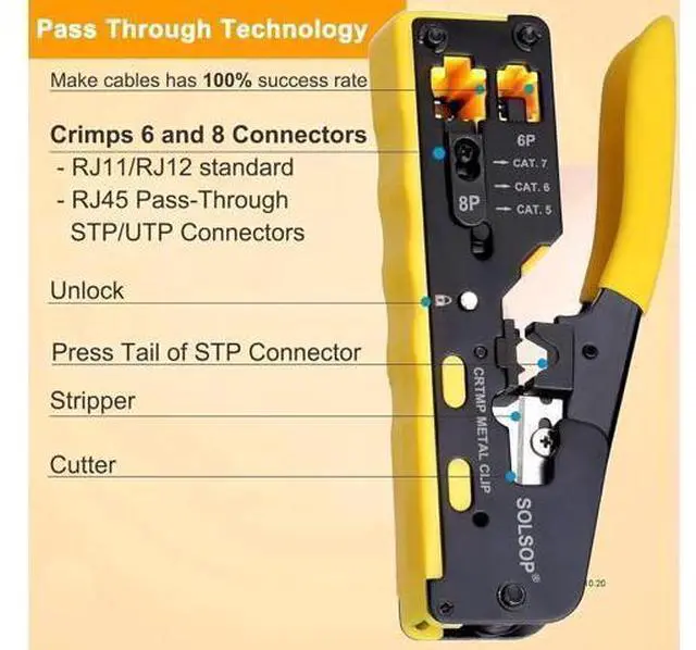 Alt view image 4 of 6 - Pass Through RJ45 Crimp Tool Kit All-in-One Ethernet Crimper Cat7 Cat6 Cat5 Crimping Tool with Network Cable Tester, 50-Pack Cat6 RJ45 Pass Through Connector, 50-Pack Connector Boots