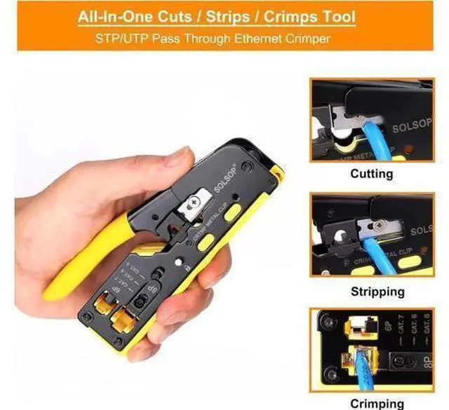 Alt view image 6 of 6 - Pass Through RJ45 Crimp Tool Kit All-in-One Ethernet Crimper Cat7 Cat6 Cat5 Crimping Tool with Network Cable Tester, 50-Pack Cat6 RJ45 Pass Through Connector, 50-Pack Connector Boots