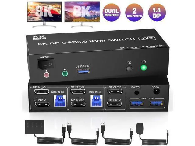 Alt view image 5 of 7 - Vszerda 8K@60Hz USB 3.0 Displayport KVM Switch 2 Monitors 2 Computers, DP 1.4 Dual Monitor KVM Switch with Audio Microphone Output and 3 USB 3.0 Ports, Wired Remote and 2 USB Cables Included