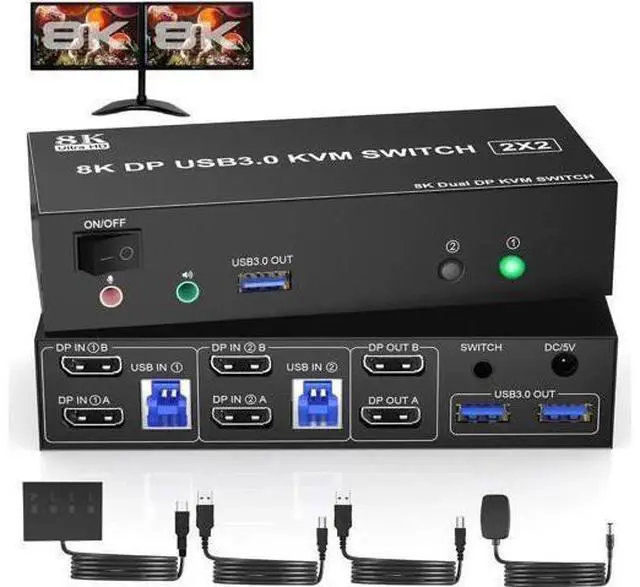Main image of Vszerda 8K@60Hz USB 3.0 Displayport KVM Switch 2 Monitors 2 Computers, DP 1.4 Dual Monitor KVM Switch with Audio Microphone Output and 3 USB 3.0 Ports, Wired Remote and 2 USB Cables Included