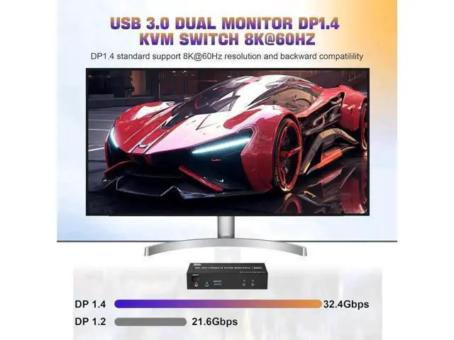 Alt view image 4 of 7 - Vszerda 8K@60Hz USB 3.0 Displayport KVM Switch 2 Monitors 2 Computers, DP 1.4 Dual Monitor KVM Switch with Audio Microphone Output and 3 USB 3.0 Ports, Wired Remote and 2 USB Cables Included