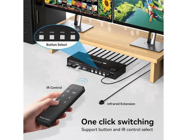 Alt view image 5 of 7 - Dual Monitor HDMI+Displayport KVM Switch 4 Computers 2 Monitors 4K@60Hz 2K@120Hz 4 Port KVM Switches for 4 PCs Share 4 USB 3.0 Devices with Remote Control,USB3.0 Cables and Power Adapter
