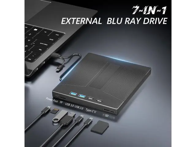 Alt view image 2 of 7 - Vszerda 7 in 1 External Blu Ray Drive, External Blueray/DVD Drive for PC Support 100G Disc Read&Write, USB 3.0&Type-C Blu Ray Burner with SD/TF Port, Compatible with Windows MacOS Linux Laptop Desktop