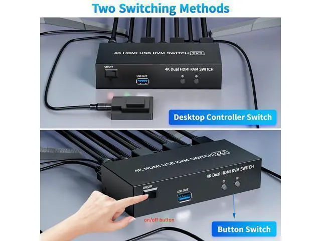 Alt view image 7 of 7 - Vszerda 2 HDMI Port KVM Switch Dual Monitor with 3 USB 3.0 Ports, HDMI KVM Switch for 2 Monitors 2 Computers, Support 4K@60Hz Copy Extended Splicing Display, Button Controller & 2 USB Cables Included
