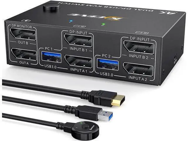 Main image of 2 Ports Dual Monitor DisplayPort KVM Switch 8K @30Hz 4K @60Hz 2 in 2 Out, DP 1.4 KVM Switch and 4 USB 3.0 for 2 Computers, Backward Compatible DP1.2 with DP+USB Cables and Wired Controller included