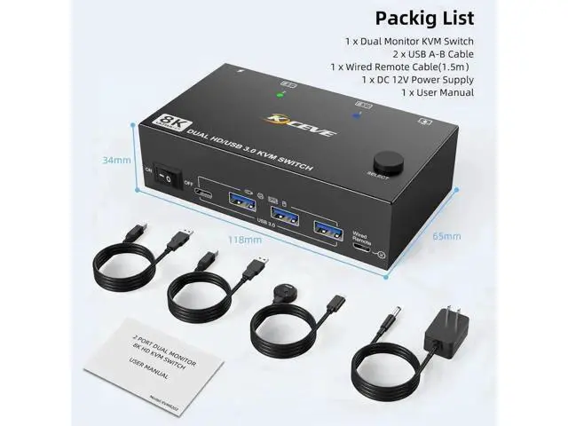 Alt view image 5 of 7 - Vszerda KVM Switch 2 Monitors 2 Computers, Dual Monitor KVM Switches HDMI Support 8K@60Hz 4K@120Hz, for 2 Pcs and 4 USB 3.0 Devices,Support Extended and Copy Mode, with Wired Remote and Power adapter