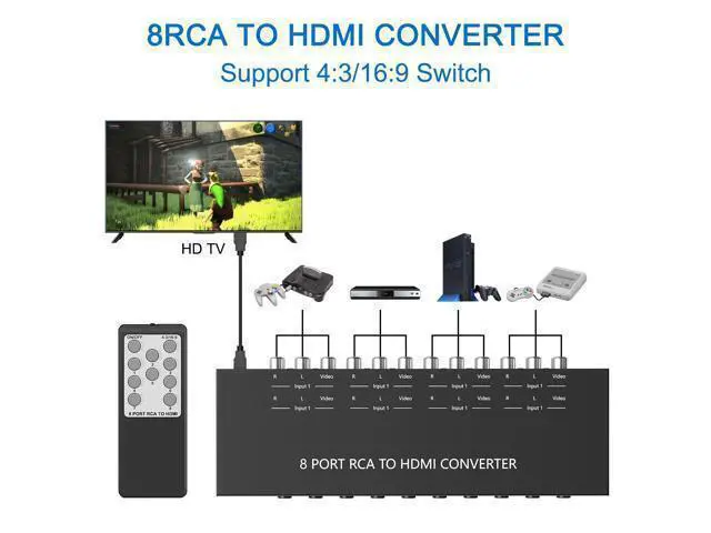 Alt view image 4 of 7 - 8 Port RCA to HDMI Converter 1080P/720P RCA Composite CVBS AV Switch to HDMI Converter Adapter Support 4:3/16:9 Switch, for Sega Xbox PS1 PS2 PS3 N64 NGC SNES WII VHS VCR Camera DVD(With Remote