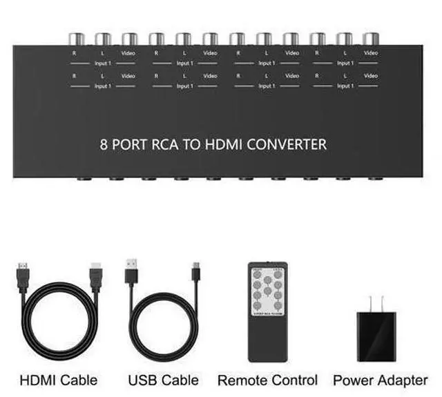 Alt view image 7 of 7 - 8 Port RCA to HDMI Converter 1080P/720P RCA Composite CVBS AV Switch to HDMI Converter Adapter Support 4:3/16:9 Switch, for Sega Xbox PS1 PS2 PS3 N64 NGC SNES WII VHS VCR Camera DVD(With Remote