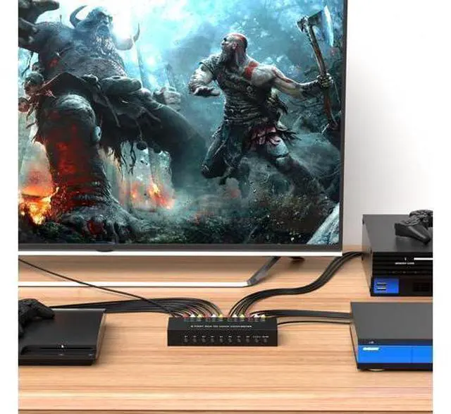 Alt view image 6 of 7 - 8 Port RCA to HDMI Converter 1080P/720P RCA Composite CVBS AV Switch to HDMI Converter Adapter Support 4:3/16:9 Switch, for Sega Xbox PS1 PS2 PS3 N64 NGC SNES WII VHS VCR Camera DVD(With Remote