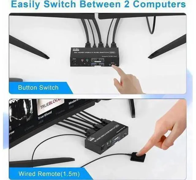Alt view image 3 of 7 - Dual Monitor HDMI KVM Switch 2 Monitors 2 Computers, 8K@60Hz 4K@120Hz HDMI KVM Switcher 2 in 2 Out for 2 Computers Share 2 Monitors & 4 USB Devices, with Audio Microphone Output and SD TF Slots