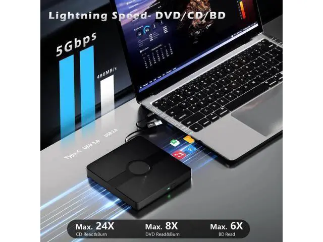 Alt view image 2 of 7 - External Blu Ray Drive, BD Player with Read/Write Capability Portable Blu-ray Player with USB 3.0 and Type-C CD/DVD Burner 3D Blu-ray Drive Compatible with Win10 and Mac OS,Drive Blu Ray Player for PC