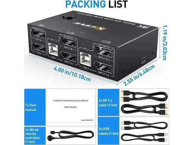 Alt view image 7 of 7 - 2 Port DP KVM Switch Dual Monitor DisplayPort 1.4 8K @30Hz 4K @144Hz 2 in 2 Out, DP1.4 KVM Switch and 4 USB HUBs for 2 Computers, Backward Compatible DP1.2 with DP+USB Cables and Wired Controller