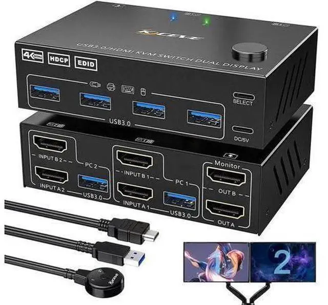 Main image of 2 Ports Dual Monitor HDMI KVM Switch 2 in 2 Out, 4K @60Hz KVM Switch HDMI Extended Display 2 Computers 2 Monitors and 4 USB 3.0 Ports with Simulation EDID, Wired Controller, HD-MI 2.0+USB 3.0 Cables