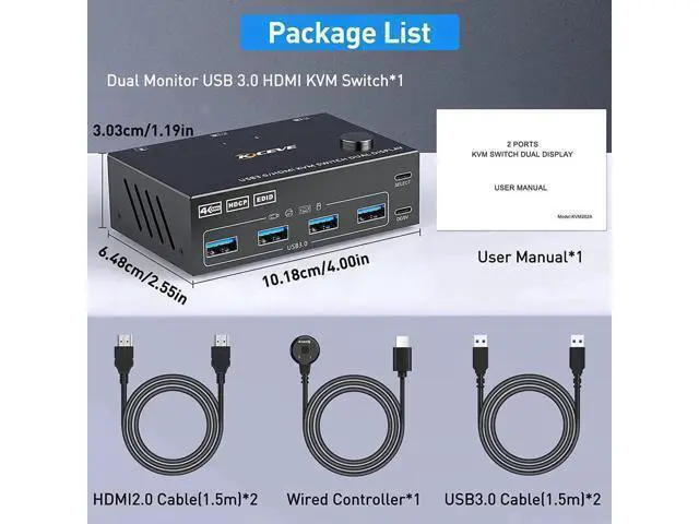 Alt view image 5 of 7 - 2 Ports Dual Monitor HDMI KVM Switch 2 in 2 Out, 4K @60Hz KVM Switch HDMI Extended Display 2 Computers 2 Monitors and 4 USB 3.0 Ports with Simulation EDID, Wired Controller, HD-MI 2.0+USB 3.0 Cables
