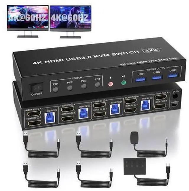 Main image of Vszerda USB 3.0 HDMI KVM Switch 2 Monitors 4 Computers, Support EDID, 4K@60Hz KVM Switch HDMI Dual Monitor 4 PCs, with Audio Microphone and 3 USB 3.0 Ports, PC Monitor Keyboard Mouse Switcher for 4 PC