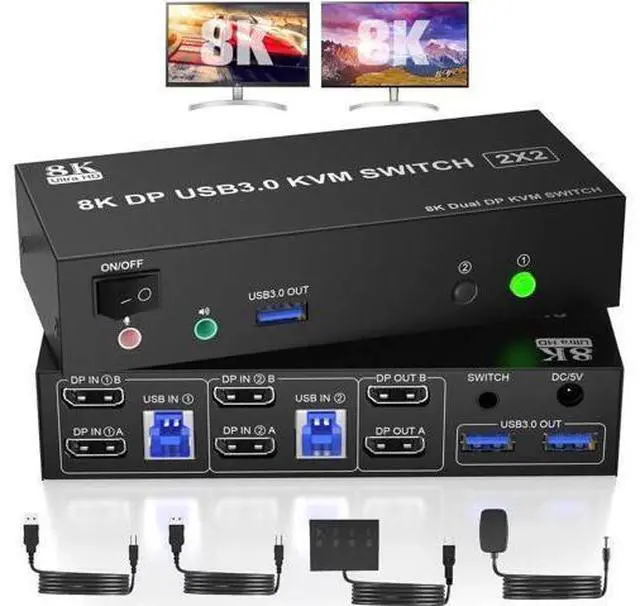 Main image of Displayport KVM Switch Dual Monitor 8K@60Hz/4K@144Hz, DP 1.4 USB 3.0 KVM Switcher for 2 Computers Share 2 Monitors and 3 USB Devices with Audio Microphone, Support Extended & Mirror Mode