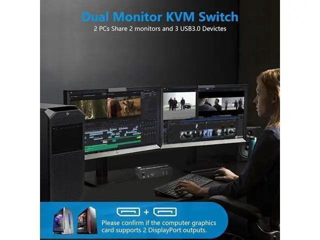 Alt view image 3 of 7 - Displayport KVM Switch Dual Monitor 8K@60Hz/4K@144Hz, DP 1.4 USB 3.0 KVM Switcher for 2 Computers Share 2 Monitors and 3 USB Devices with Audio Microphone, Support Extended & Mirror Mode