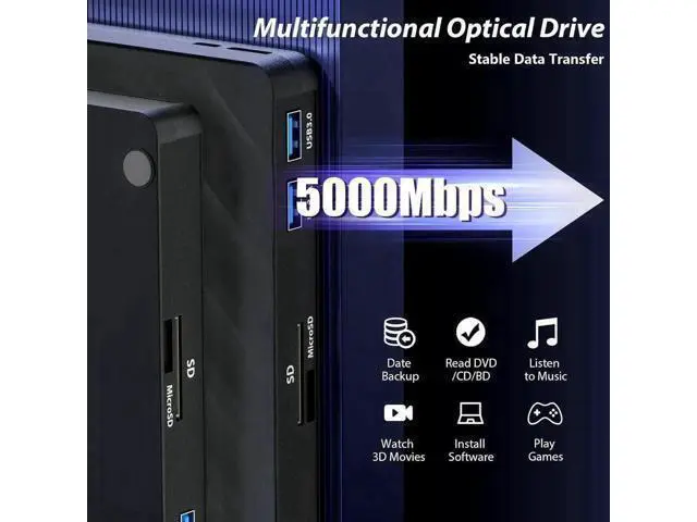 Alt view image 5 of 7 - 5 in 1 External Blu Ray Drive, Portable Blu Ray Player with USB 3.0 Type-C, CD DVD Burner 3D Blu-Ray with SD/TF Ports, Blu Ray Drive Compatible with Windows Laptop Desktop, Bluray Player for PC