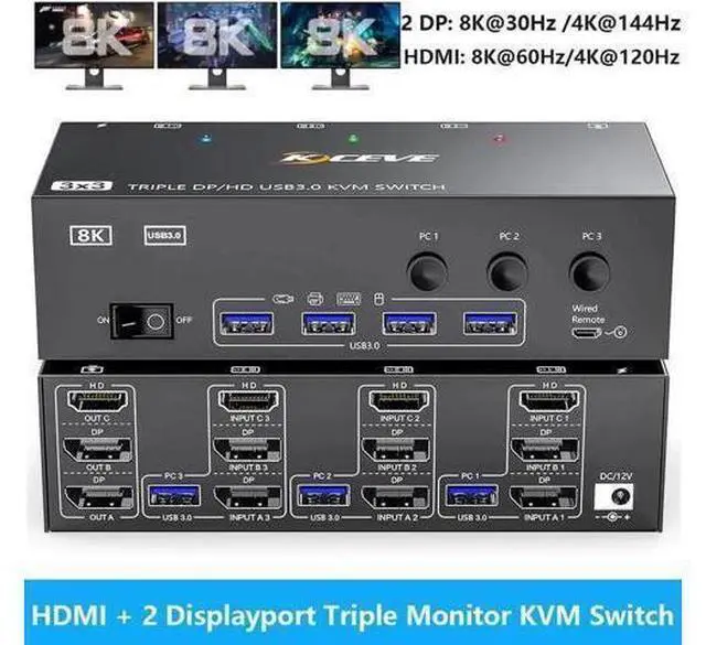 Main image of Vszerda KVM Switch 3 Monitors 3 Computers 8K@60Hz, HDMI + 2* Displayport Triple Monitor KVM Switch with 4 USB 3.0 Ports for Keyboard Mouse Printer, Wired Remote, USB Cable and Power Adapter Included