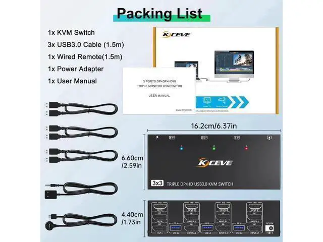Alt view image 6 of 7 - Vszerda KVM Switch 3 Monitors 3 Computers 8K@60Hz, HDMI + 2* Displayport Triple Monitor KVM Switch with 4 USB 3.0 Ports for Keyboard Mouse Printer, Wired Remote, USB Cable and Power Adapter Included