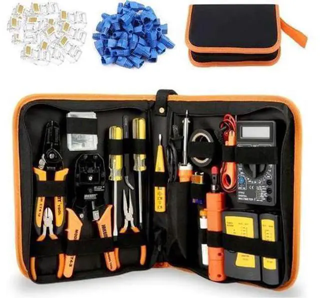 Main image of Network Crimp Tool Kit for RJ45/RJ11/RJ12/CAT5/CAT6/Cat5e/8P, Professional Crimper Connector Stripper Cutter, Computer Maintenance Lan Cable Pliers Tester Soldering Iron Set