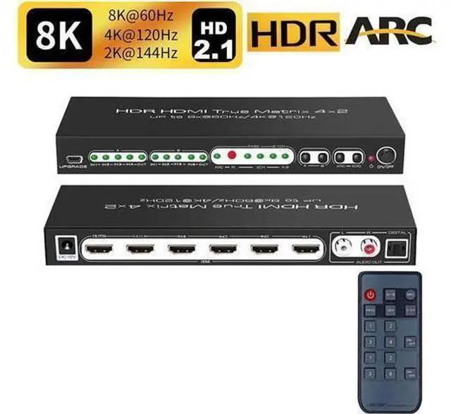 Alt view image 2 of 7 - 8K @60Hz HDR UHD HDMI 2.1 Matrix, HDR 4K 120Hz HDMI True Matrix 4x2 48Gbps ARC 8K 60Hz Splitter Switcher Switch 4 in 2 out HDMI2.1 Audio extractor