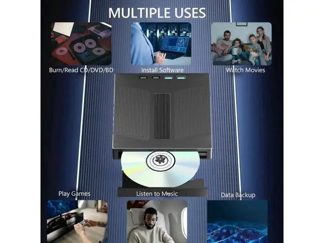 Alt view image 2 of 7 - 7 in 1 External Blu Ray Drive, External Blueray/DVD Drive for PC Support 100G Disc Read&Write, USB 3.0&Type-C Blu Ray Burner with SD/TF Port, Compatible with Windows MacOS Linux Laptop Desktop