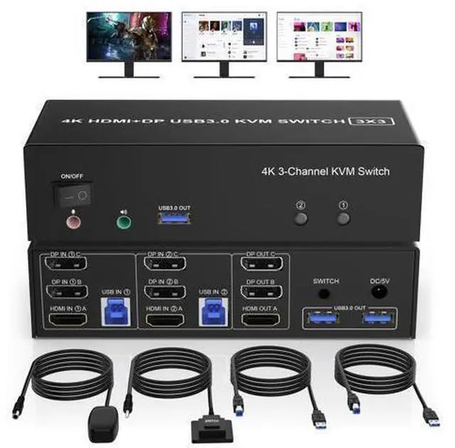 Main image of Vszerda HDMI + 2 Displayport 3 Monitor KVM Switch USB 3.0 for 2 Computers, 4K@60Hz Triple Monitor KVM Switch with Audio and 3 USB 3.0 Ports, 2 Computers Share 3 Monitors Keyboard Mouse Switcher