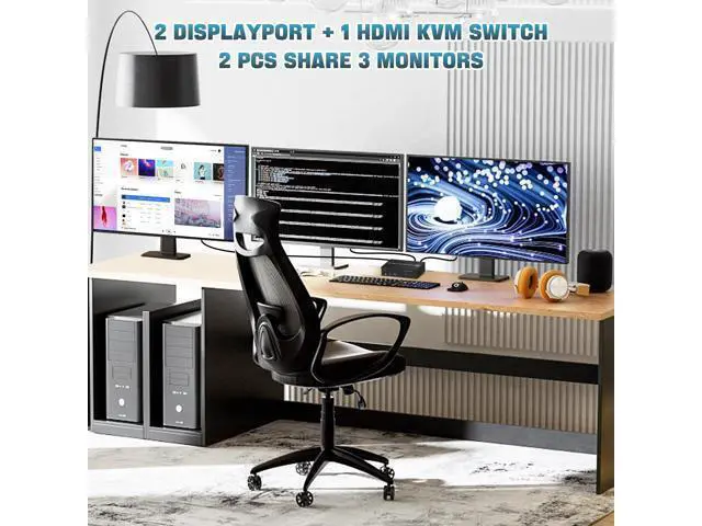 Alt view image 2 of 7 - Vszerda HDMI + 2 Displayport 3 Monitor KVM Switch USB 3.0 for 2 Computers, 4K@60Hz Triple Monitor KVM Switch with Audio and 3 USB 3.0 Ports, 2 Computers Share 3 Monitors Keyboard Mouse Switcher