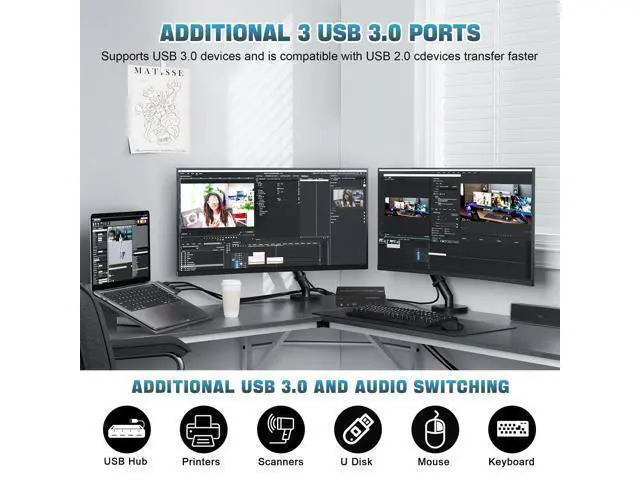 Alt view image 6 of 7 - Vszerda HDMI + 2 Displayport 3 Monitor KVM Switch USB 3.0 for 2 Computers, 4K@60Hz Triple Monitor KVM Switch with Audio and 3 USB 3.0 Ports, 2 Computers Share 3 Monitors Keyboard Mouse Switcher