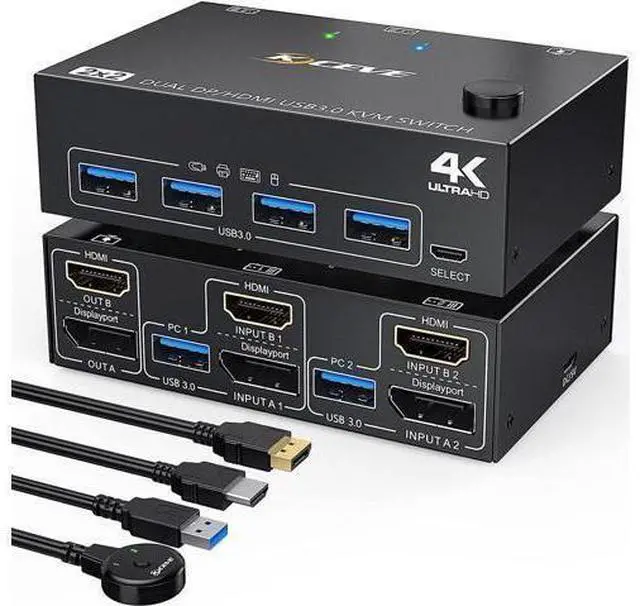 Main image of USB 3.0 Dual Monitor KVM Switch Displayport+ HDMI 4K@60Hz,2K@120Hz,HDMI DP Extended Display Switcher for 2 Computers Share 2 Monitors and 4 USB 3.0 Ports,Wired Remote and 4 Cables Included
