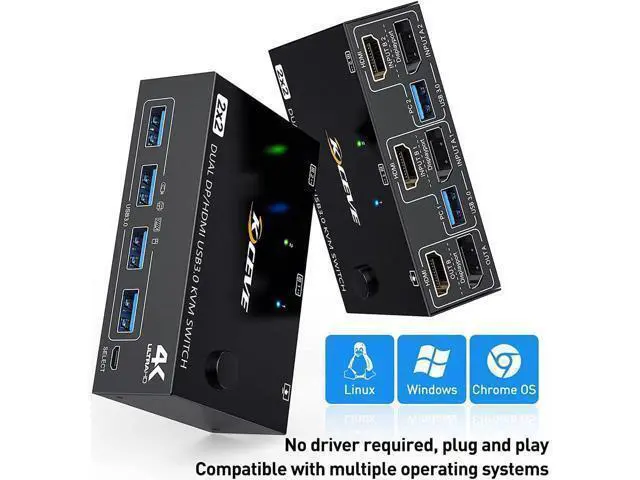 Alt view image 7 of 7 - USB 3.0 Dual Monitor KVM Switch Displayport+ HDMI 4K@60Hz,2K@120Hz,HDMI DP Extended Display Switcher for 2 Computers Share 2 Monitors and 4 USB 3.0 Ports,Wired Remote and 4 Cables Included