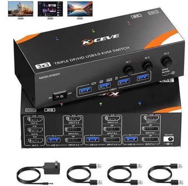 Main image of KVM Switch 3 Monitors 3 Computers 8K@60Hz/4K@120Hz, HDMI + 2 Displayport KVM Switches for 3 PC Sharing Triple Monitors and Keyboard Mouse with Power Adapter, Wired Controller and USB3.0 Cables