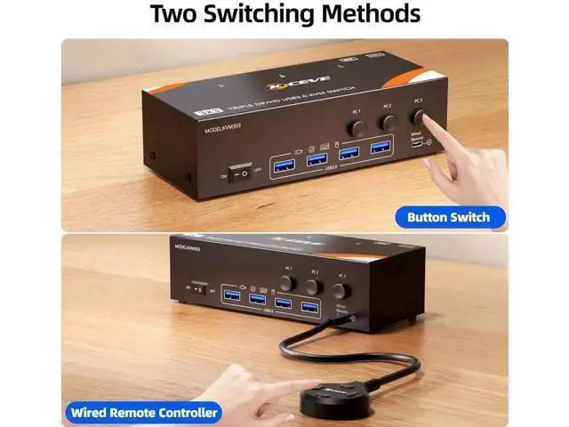 Alt view image 2 of 7 - KVM Switch 3 Monitors 3 Computers 8K@60Hz/4K@120Hz, HDMI + 2 Displayport KVM Switches for 3 PC Sharing Triple Monitors and Keyboard Mouse with Power Adapter, Wired Controller and USB3.0 Cables