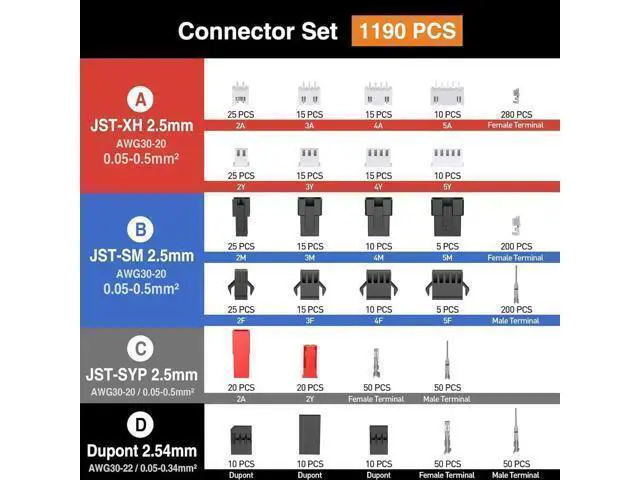 Alt view image 3 of 7 - Crimp Tool Connector Kit, JST-XH/SM/SYP 2.5mm and Dupont 2.54mm Connector Set, 27 Types of Connectors, 30-20 AWG Ratcheting Crimper for JST Series,KF2510,Molex,AMP EI Series