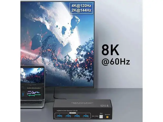 Alt view image 2 of 6 - Vszerda HDMI-compatible KVM Switch 8K 60Hz 2 Port Dual 2 Monitors 2 Computers 4K 120Hz USB 3.0 KVM Switch KVM Switcher HDMI 2.1
