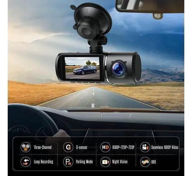 Alt view image 2 of 4 - 3 Channel Dash Cam 3 Channel 1080P+720P+720P Car Dvr Camera Driving Recorder,2.45 Inch Car Dash Camera,24/7 Parking Mode,Night Vision,Loop Recording,G-sensor,Seamless 1080P Video,HDR,Support 64GB Max