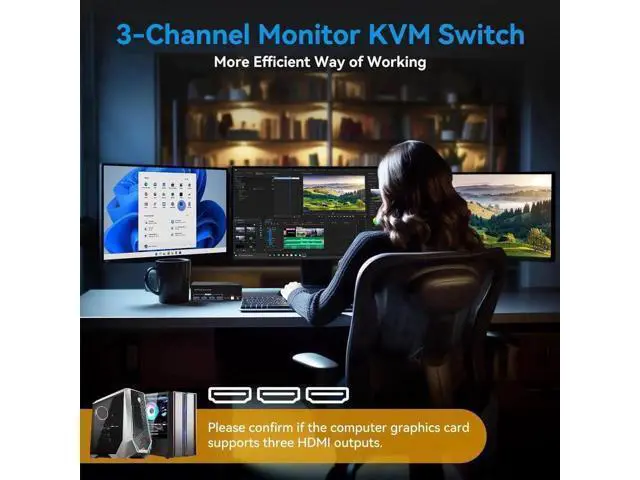 Alt view image 2 of 7 - 8K@60Hz HDMI KVM Switch 3 Monitors 2 Computers, USB 3.0 Triple Monitor KVM Switcher with 4 USB Ports for 2 PCs Support Extended&Copy Mode, Wired Controller 12V DC Adapter 2 USB Cables Included