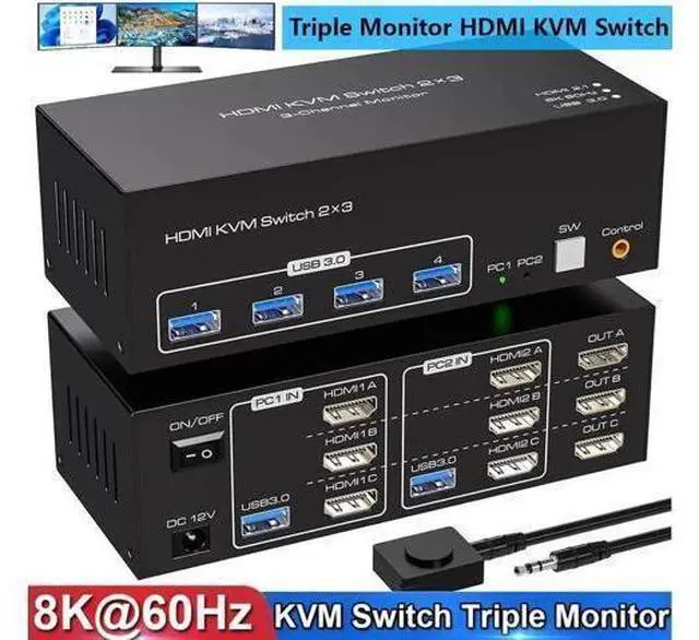 Main image of 8K@60Hz HDMI KVM Switch 3 Monitors 2 Computers, USB 3.0 Triple Monitor KVM Switcher with 4 USB Ports for 2 PCs Support Extended&Copy Mode, Wired Controller 12V DC Adapter 2 USB Cables Included