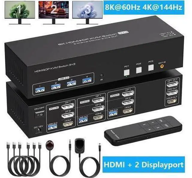 Main image of Vszerda 8K@60Hz 1 HDMI + 2 Displayport KVM Switch 3 PC 3 Monitors, 4K@144Hz Triple Monitor KVM Switcher for 3 Computers Share 3 Monitors and 4 USB 3.0 Devices with 3 USB Cable and DC12V Adapter