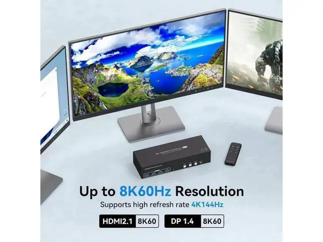 Alt view image 5 of 7 - Vszerda 8K@60Hz 1 HDMI + 2 Displayport KVM Switch 3 PC 3 Monitors, 4K@144Hz Triple Monitor KVM Switcher for 3 Computers Share 3 Monitors and 4 USB 3.0 Devices with 3 USB Cable and DC12V Adapter