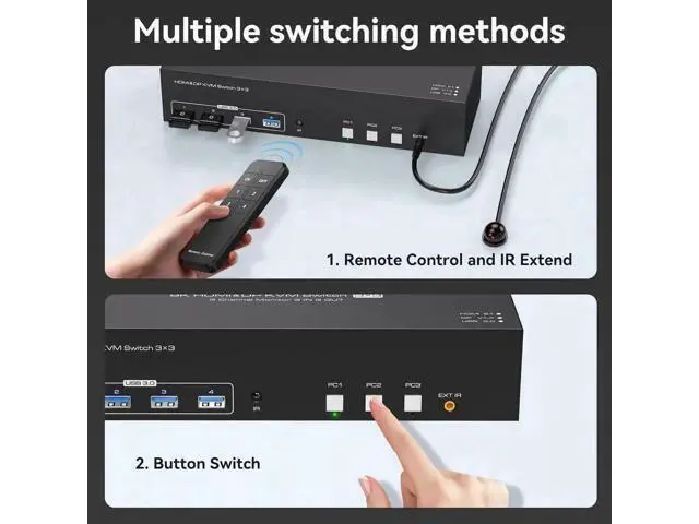 Alt view image 7 of 7 - Vszerda 8K@60Hz 1 HDMI + 2 Displayport KVM Switch 3 PC 3 Monitors, 4K@144Hz Triple Monitor KVM Switcher for 3 Computers Share 3 Monitors and 4 USB 3.0 Devices with 3 USB Cable and DC12V Adapter