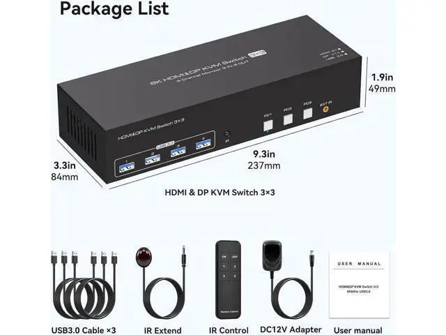 Alt view image 6 of 7 - Vszerda 8K@60Hz 1 HDMI + 2 Displayport KVM Switch 3 PC 3 Monitors, 4K@144Hz Triple Monitor KVM Switcher for 3 Computers Share 3 Monitors and 4 USB 3.0 Devices with 3 USB Cable and DC12V Adapter