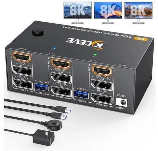 Main image of 8K@60Hz HDMI + 2 Displayport KVM Switch 3 Monitors 2 Computers 4K@144Hz Triple Monitor KVM Switches for 2 PCs 3 Monitors with 4 USB 3.0 Port, Wired Remote,Power Adapter & USB3.0 Cables Included